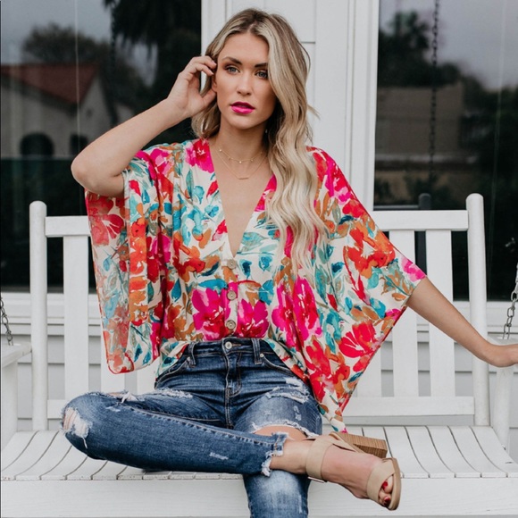 In Bloom Multicolored Floral Button Front Blouse - Picture 5 of 6